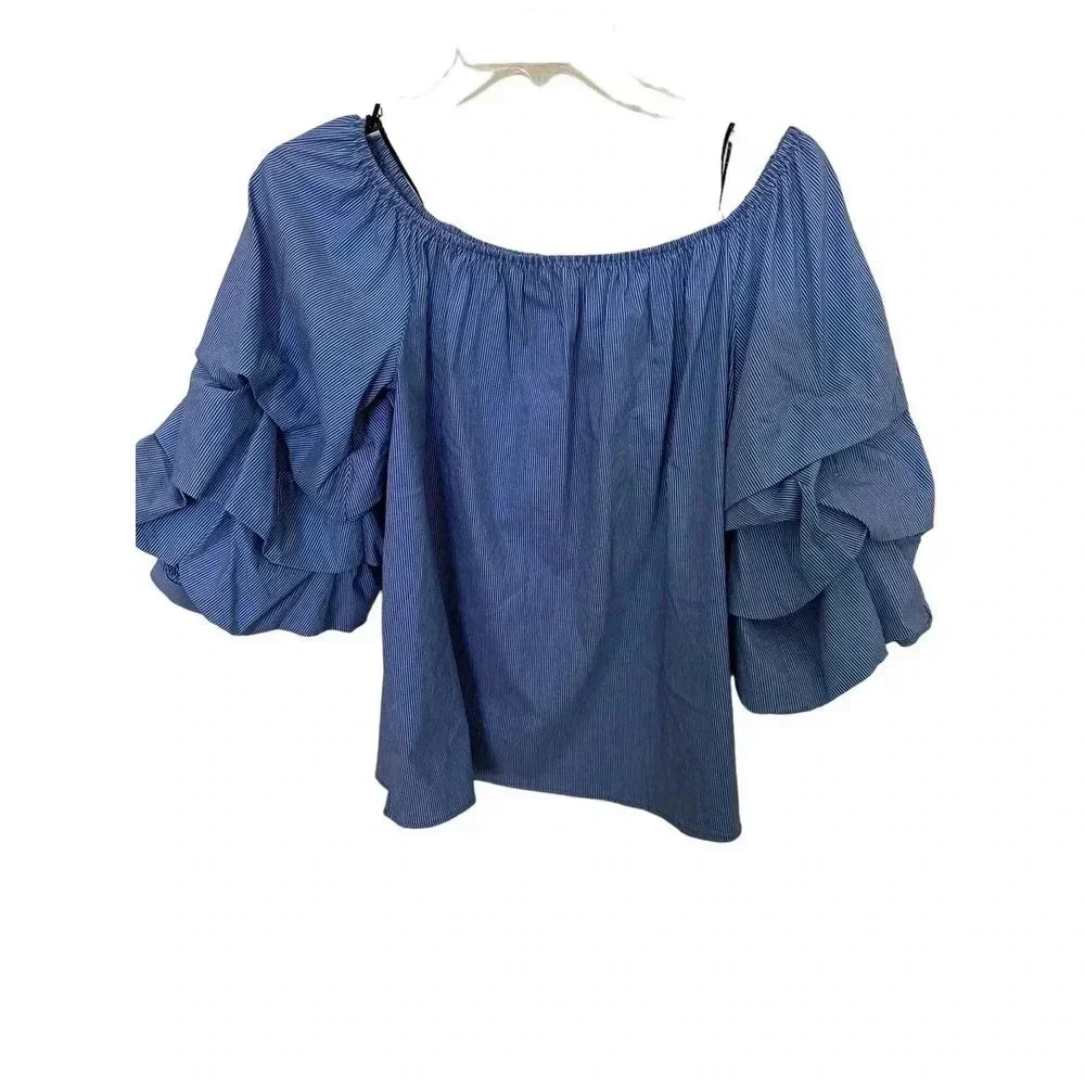 Zara Woman Blue White Pinstriped Ruched Puff‎ Sleeve Off Shoulder Top Size S